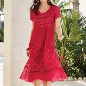 Soft Surroundings Red Embroidered Lined Tiered Dress